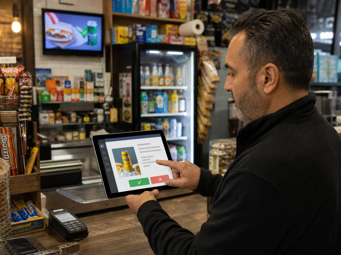 Store owner approving an ad on a tablet